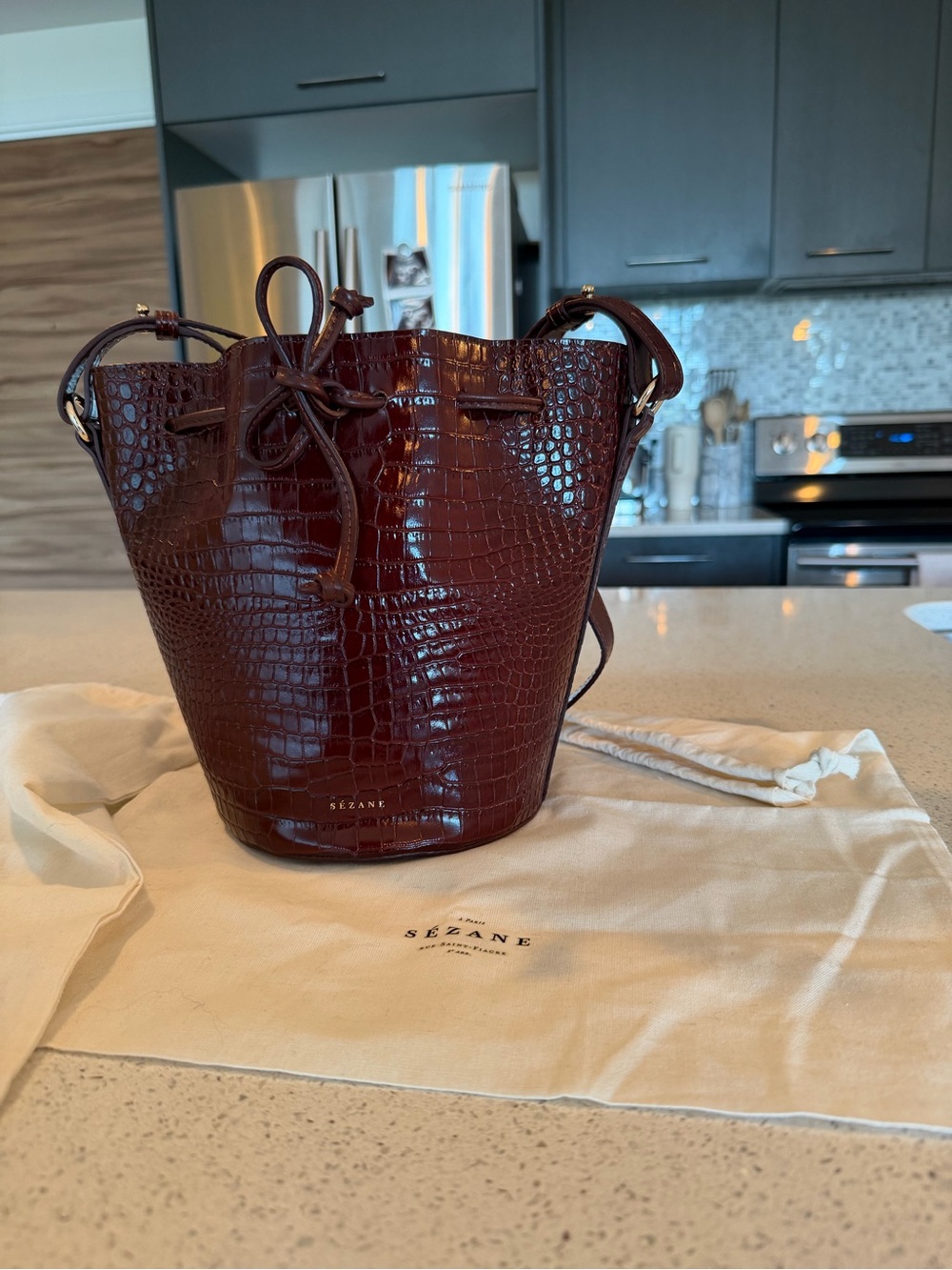 NWT Sezane Chocolate Croc-Embossed Drawstring Bucket Bag - Picture 9 of 10